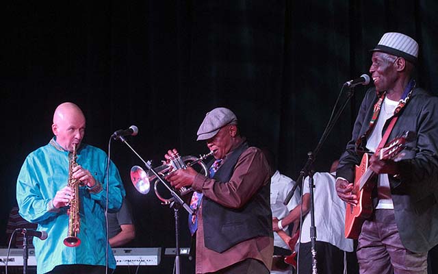 Old pals . . . Oliver Mtukudzi (right) with South African stars Hugh Masekela and Steve Dyer, who also feature prominently on Mtukudzi’s latest album
