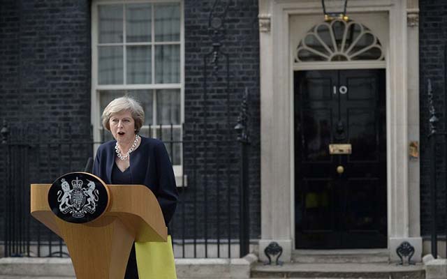 Theresa May delivers her inaugural speech as Britain’s Prime Minister at Number 10 Downing Street, London, yesterday
