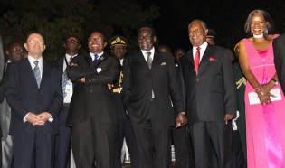 President Mugabe and Zambian President Michael Sata pose for a photo with their tourism ministers Mrs Sylvia Masebo and Engineer Walter Mzembi and UNWTO secretary general Mr Taleb Rifai. (Picture by Munyaradzi Chamalimba)