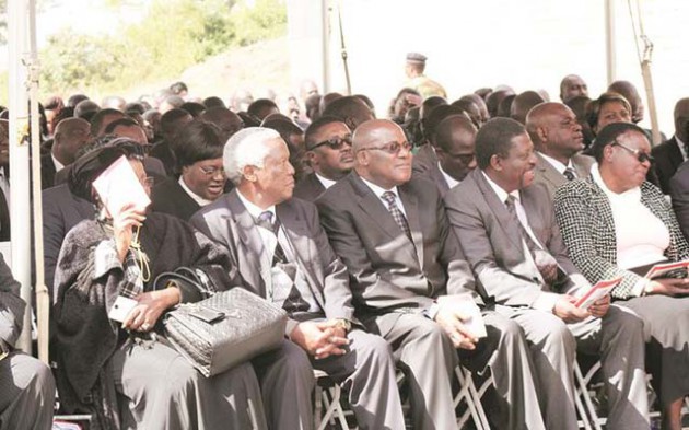 Small and Medium Enterprises Development Minister Sithembiso Nyoni, Defence Minister Sydney Sekeramayi, Information, Media and Broadcasting Services Minister Christopher Mushohwe and Industry and Commerce Minister Mike Bimha at Dr Utete’s burial at the National Heroes Acre in Harare yesterday
