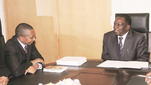 Acting President Emmerson Mnangagwa meets Dangote Industries Limited Group Chief Strategy Officer Dr Abdu Mukhtar at his Munhumutapa offices in Harare yesterday. — (Picture by Munyaradzi Chamalimba)