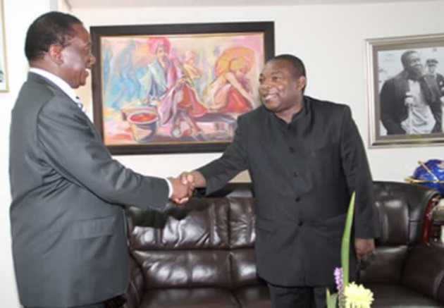 Acting President Emmerson Mnangagwa welcomes Equatorial Guinea envoy Juan Antonio Bibang Nchuchuma, who is also that country’s Minister of External Security, at New Government Complex in Harare yesterday