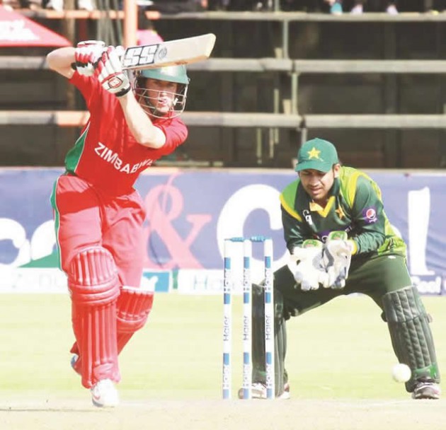 BATTLING IN VAIN . . . Zimbabwe’s Sean Williams plays a shot on the off side as he tried to bat his team back into the game in the second ODI against Pakistan at Harare Sports Club yesterday. — AFP