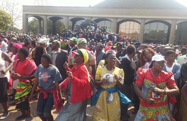 War veterans and Zanu-PF supporters sing at the partys headquarters. Pictures by Felex Share