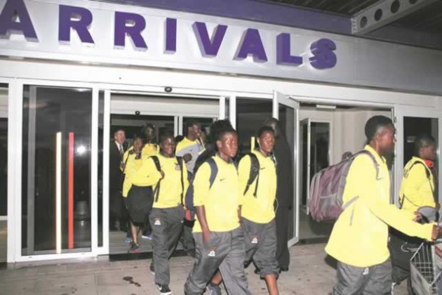 RARING TO GO . . . The Zambian team arrive at the Harare International Airport yesterday ahead of tomorrow’s Africa Women Cup of Nations final qualifying round first leg encounter against Zimbabwe’s Mighty Warriors