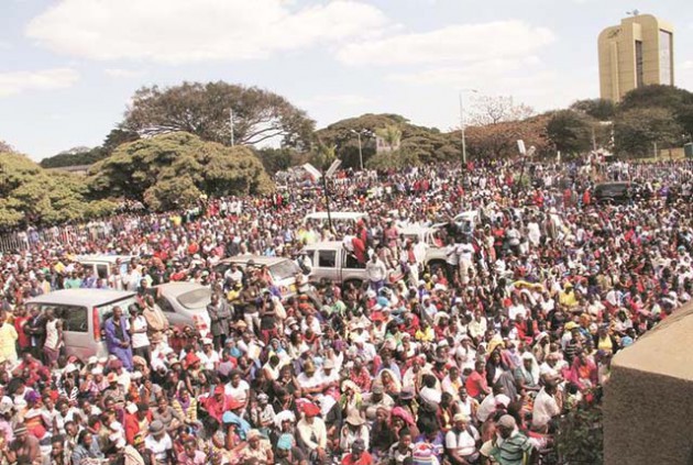 Thousands of zanu-pf youths gather at the revolutionary party’s headquarters in Harare on Wednesday for a Youth League inter-district conference. —(Picture by John Manzongo)