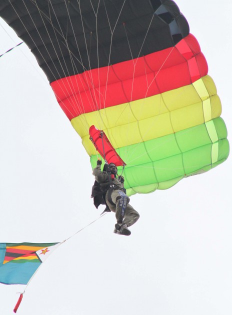 A parachutist dropping during the ZDF Day Celebrations at the National Sports Stadium in Harare. – Picture by John Manzongo