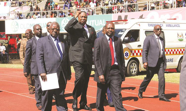 Vice President Phelekezela Mphoko arrives for Zimbabwe Defence Forces Day celebrations in Harare yesterday. — Picture by Innocent Makawa