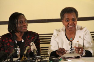 ZEC chairperson Justice Rita Makarau and her deputy Mrs Leticia Kazembe update the media on the ongoing electoral process at HICC this afternoon