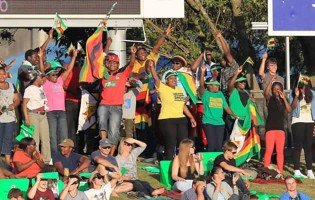 Zimbabwe fans celebrate a six by Zimbabwe batsman Stuart Matsikenyeri during the second Twenty20 international match between New Zealand and Zimbabwe at Seddon Park in Hamilton on February 14, 2012. — AFP 
