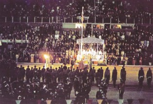 Raising of the New Independent Zimbabwe Flag at Rufaro Stadium at midnight on the 18th April 1980. The ceremony was attended by HRH Prince Charles
