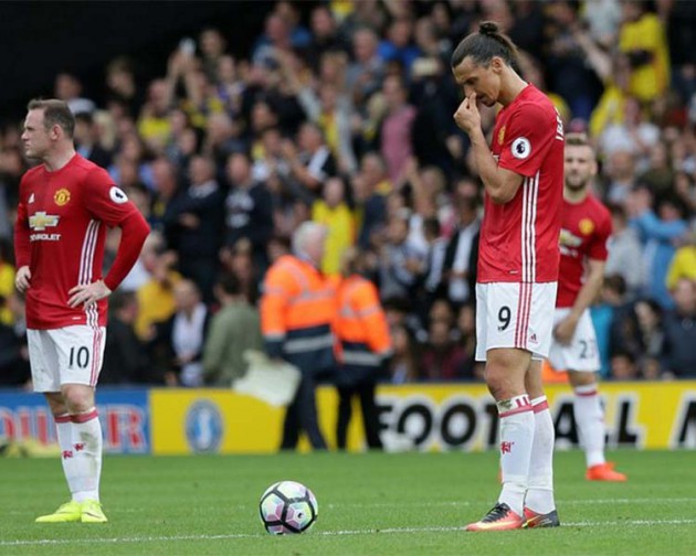 Manchester United forwards Wayne Rooney and Zlatan Ibrahimovic react with dismay as they slump to defeat at Watford yesterday. — DailyMail