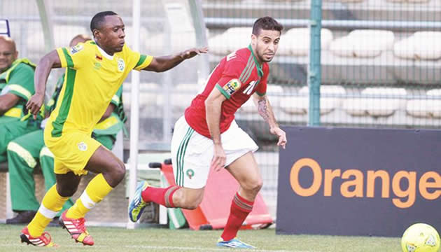 GOLDEN GOAL . . . Zimbabwe goalscorer, Masimba Mambare leads the celebrations at Athlone last night after he powered home a priceless header which proved enough to take the Warriors to the quarter-finals. (Picture by Tawanda Mudimu)