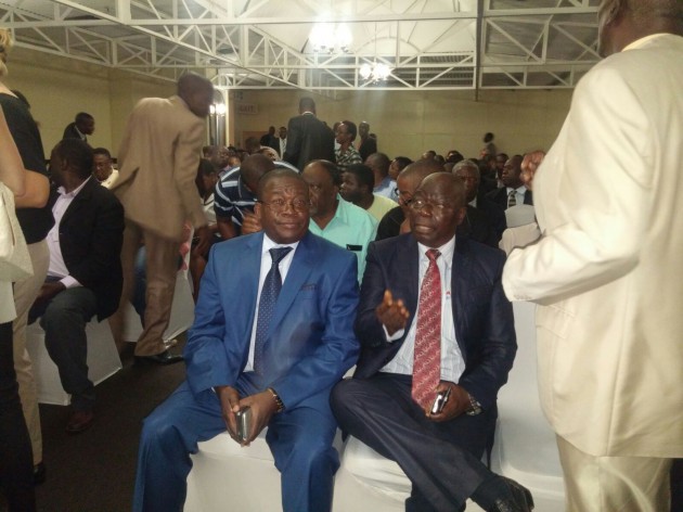 Kudakwashe Bhasikiti and Dzikamai Mavhaire (R) at the press conference today. Picture by Felex Share