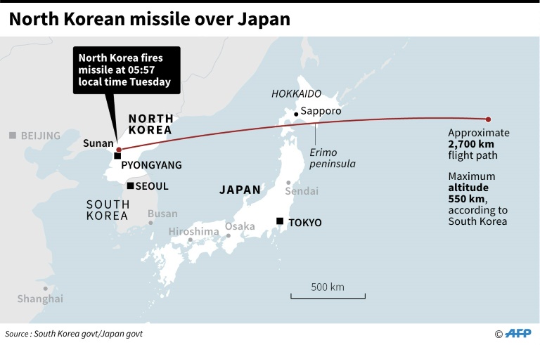 Map showing the approximate path of a missile launched by North Korea on August 29, 2017