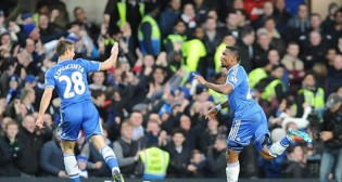 HAT-TRICK HERO . . . Samuel Eto’o (right) celebrates one of his three goals with teammate Cesar Azpilicueta at Stamford Bridge last night. — Mailonline