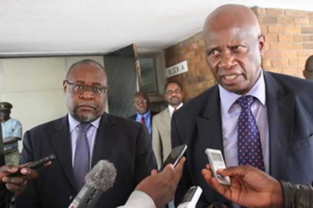 Finance and Economic Development Minister Cde Patrick Chinamasa speaks to the media after presenting the AfDB presidency candidate Mr Thomas Sakala to Acting President Cde Emmerson Mnangagwa in Harare yesterday. — (Picture by Munyaradzi Chamalimba)