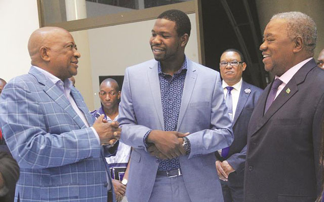 Prophetic Healing and Deliverance Ministries founder Prophet Walter Magaya (centre) shares a lighter moment with visiting former Zambian president Rupiya Banda (right) and ZIFA President Philip Chiyangwa at Yadah Village in Waterfalls, Harare, yesterday. — (Picture by Munyaradzi Chamalimba)