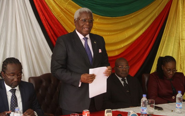Home Affairs Minister Ignatius Chombo flanked by (from left) Youth, Indigenisation and Economic Empowerment Minister Patrick Zhuwao, Information, Media and Broadcasting Services Minister Dr Chris Mushohwe and Deputy Minister for Tourism and Hospitality Industry Cde Anastacia Ndlovu at a Press conference in Harare yesterday