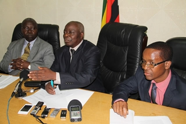 Energy and Power Development Minister Dzikamai Mavhaire, flanked by (right) Deputy Minister Munacho Mutezo and permanent Secretary Pattison Mbiriri at a Press briefing in Harare yesterday. - (Picture by Ruvimbo Chakanyuka)