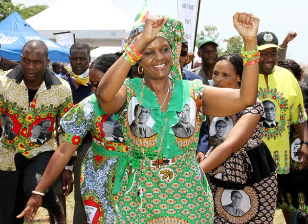 Zanu-PF Secretary for the Women's League and First Lady Amai Grace Mugabe arrives for a rally at Kanyemba Secondary School in Chiweshe yesterday in the company of the revolutionary party’s national political commissar Cde Saviour Kasukuwere (far right) and other dignitaries. — (Picture by Innocent Makawa)