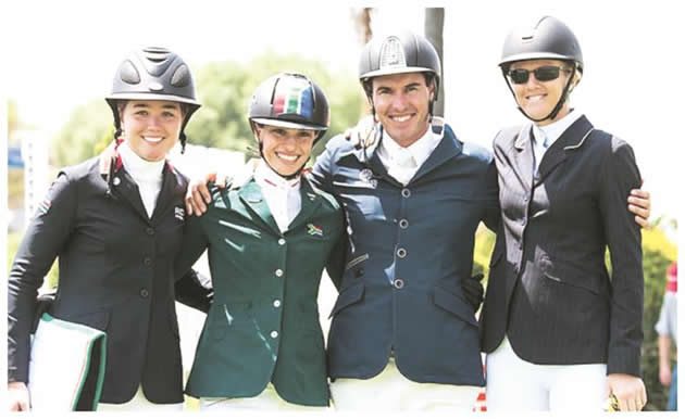WINNERS ENCLOSURE . . . On the podium at the FEI World Jumping Challenge Final 2014 in Kyalami, South Africa (from left), silver medallist Maria Gabriela Brugal (DOM), Alexa Stais (SA) who finished fourth, Rainer Korber (SA) who took bronze and gold medallist Charley Crockart (Zim). — Tamara Blake Images