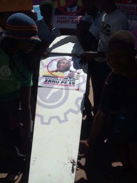 Some of the protesters had a mock coffin for Cde Kasukuwere