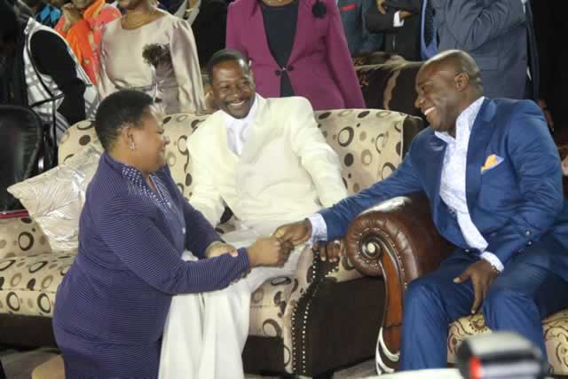 UFI Prophet Emmanuel Makandiwa's wife greats godfather Ghananian Prophet Victor Kusi Boateng at the Judgement night at the national sports stadium in Harare. - (picture by Munyaradzi Chamalimba)