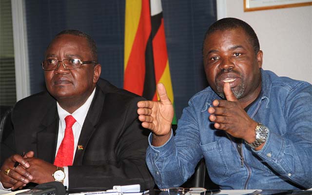 DECISION MAKERS . . . Oriental Quarries Boxing Promotions manager Chris Malunga (right) stresses a point during a Press conference yesterday in the presence of acting permanent secretary in the Ministry of Sport and Recreation Martin Dube