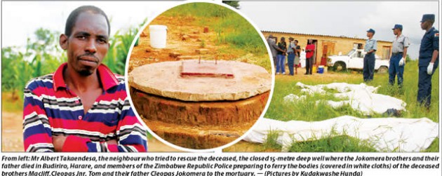 From left: Mr Albert Takaendesa, the neighbour who tried to rescue the deceased, the closed 15-metre deep well where the Jokomera brothers and their father died in Budiriro, Harare, and members of the Zimbabwe Republic Police preparing to ferry the bodies (covered in white cloths) of the deceased brothers Macliff,Cleopas Jnr, Tom and their father Cleopas Jokomera to the mortuary. — (Pictures by Kudakwashe Hunda)