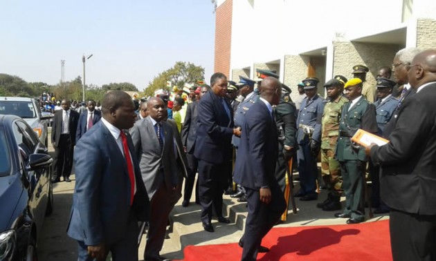 VP Mphoko greets the service chiefs at Stodart Hall.