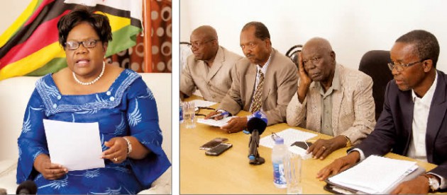 In this picture collage, Zimbabwe People First leader Dr Joice Mujuru announces the expulsion of her party’s founding members at a Press conference in Chisipite, Harare, yesterday, while ZimPF members (from left) Messrs Kudakwashe Bhasikiti,Rugare Gumbo, Didymus Mutasa and Engineer Munacho Mutezo field questions from the media at a separate Press conference in Harare — (Pictures by Believe Nyakudjara and Kudakwashe Hunda)