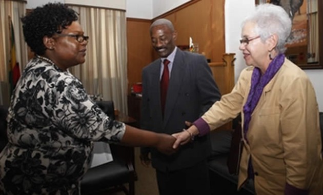 Acting President Joice Mujuru welcomes the First Secretary of the Cuban Embassy Ms Loly Mera, while Cuban Ambassador to Zimbabwe Mr Elio Savon Oliva (centre) looks on in Harare yesterday