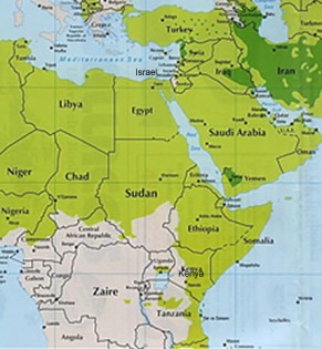 The areas shaded green represent Muslim distribution. Israel (small unshaded area to the north -east of Kenya) is portrayed here as a small state with unremarkable Muslim presence