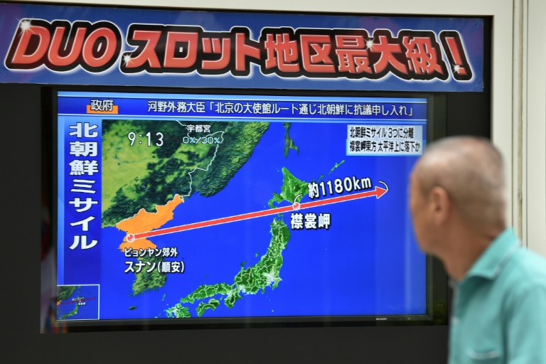 A television screen displays a map of Japan and the Korean Peninsula, in Tokyo, on August 29, 2017, following a North Korean missile test that passed over Hokkaido island