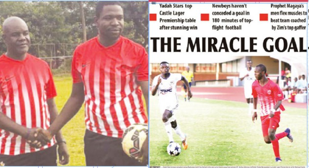 WHEN DAYS WERE GOOD . . . Just three months ago coach Jairos Tapera, seen here with Yadah Stars owner Prophet Walter Magaya (left picture), was enjoying his return to the Premiership after leading the newboys to the top of the table following a victory over ZPC Kariba courtesy of a strike dubbed “Miracle Goal’’ but now, for the second time this season, the gaffer’s future at the club has been thrown into doubt after he missed yesterday’s defeat to Ngezi Platinum at Baobab in Mhondoro amid speculation he could be replaced by either Erol Akbay or Joey Antipas