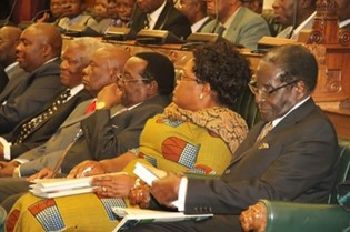 President Mugabe, Vice President Joice Mujuru, Senior Minister of State Simon Khaya Moyo, Presidential Affairs Minister Didymus Mutasa, Defence Minister Sydney Sekeramayi and Environment, Water and Climate Change Minister Saviour Kasukuwere follow proceedings during the 2014 Budget presentation in Parliament yesterday