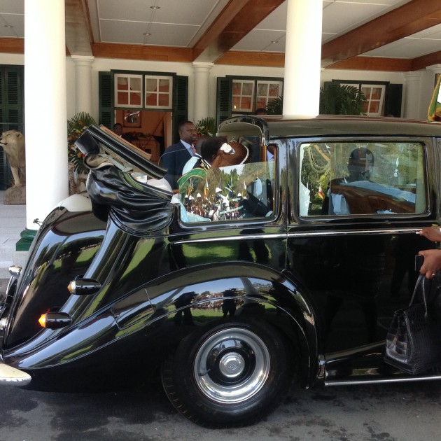 President Mugabe and First Lady Dr Grace Mugabe take their seats in the Vintage Rolls Royce at State House. (Pic by Lloyd Gumbo)