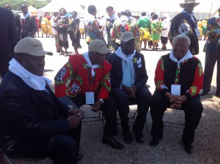 Politburo members Cdes Sydney Sekeramayi and Ignatius Chombo chat to Chief's Council president Chief Fortune Charumbira and his deputy Chief Mtshane