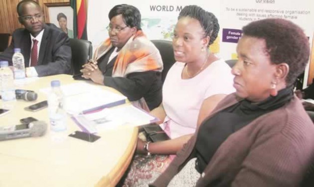 (From left) Higher and Tertiary Education, Science and Technology Development Minister Professor Jonathan Moyo; Zimbabwe National Commission for UNESCO secretary-general Mrs Margret Charapa; Female Students Network Trust founder and director Evernice Munando and board secretary Rita Nyamupinga at a ceremony where laureates for the new prize for Girls and Women’s Education were named in Harare yesterday. — (Picture by Memory Mangombe)