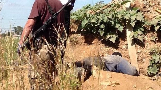 The BBC's Nomsa Maseko tweeted this picture of one escaped miner shouting down the shaft to tell his colleagues there were no police around