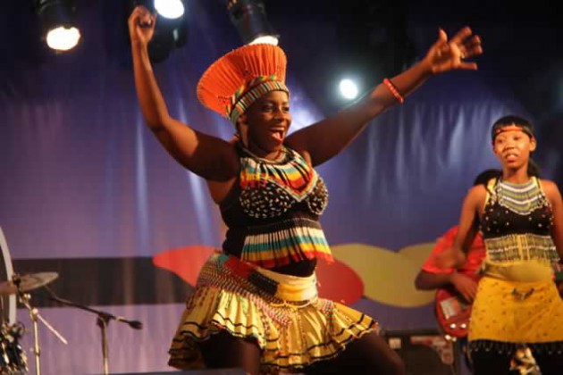 Sandra Ndebele performs at Chinotimba Stadium