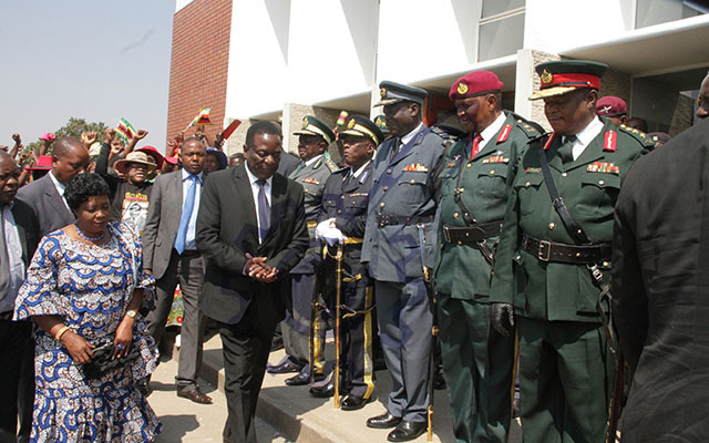 Vice President Emmerson Mnangagwa and his wife, Auxilia, greet the service chiefs soon after arriving at Stodart Hall in Mbare