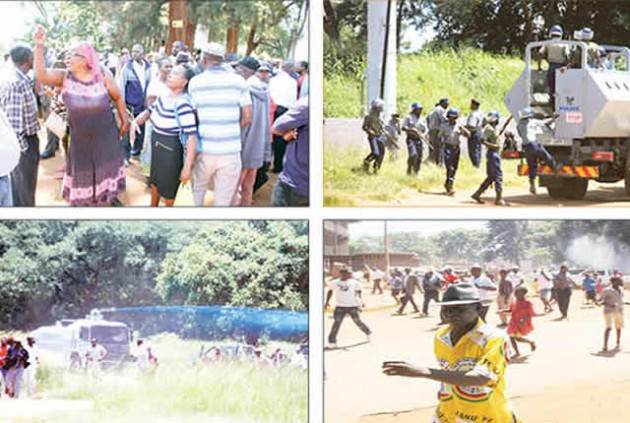This collage shows war veterans gathering at the City Sports Centre in Harare recently before the arrival of the police who fired teargas and used water cannons to disperse them. — (Pictures by Justin Mutenda and Innocent Makawa)