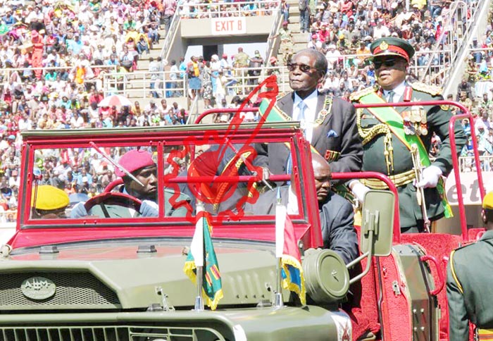 Commander-in-Chief of the Zimbabwe Defence Forces President Mugabe inspects the Guard of Honour in the company of his second in command, General Chiwenga, Commander of the Zimbabwe Defence Forces.