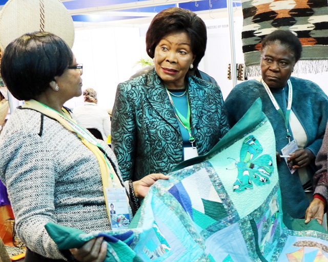 Congo-Brazzaville SMEs and Crafts Minister Mrs Yvonne Mougany (centre) chats with Ministry of Small and Medium Enterprises and Co-operative Development secretary, Mrs Evelyn Ndlovu, while Cde Judith Maphosa looks on at the 9th annual Codepa conference in Bulawayo last week. — Picture by Eliah Saushoma