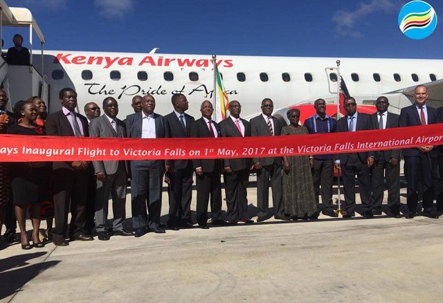 Transport and Infrastructural Development Minister Dr Joram Gumbo (fifth from right) is joined by several dignitaries during the official unveiling of the Kenya Airways in Victoria Falls yesterday