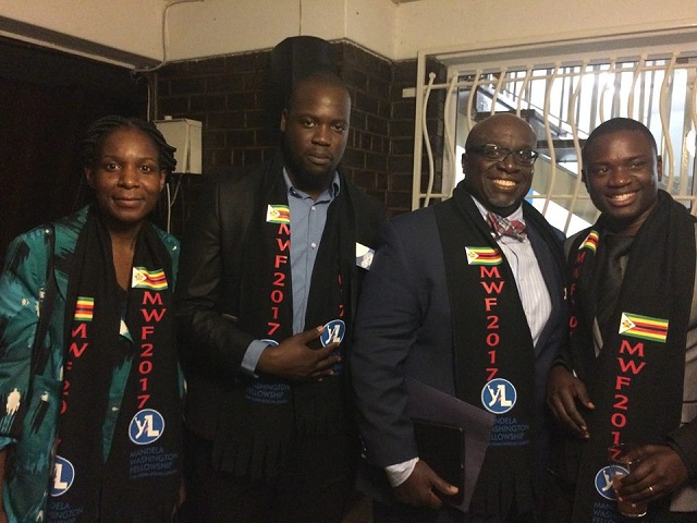 Mthabisi Onias ( 2nd fom left) with US ambassador to Zimbabwe Henry Thomas (third from left) and other 2017 Mandela Washington Fellows