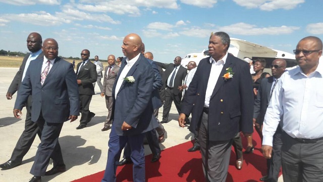 Lesotho’s King Letsie III accompanied by Vice President Phelekezela Mphoko and Matabeleland North Minister of State Cde Cain Mathema arrives in Victoria Falls yesterday