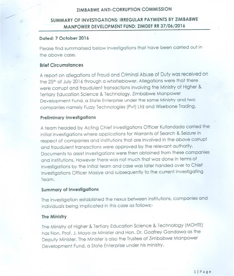 OFFICIAL DOCUMENTS: ZACC Investigation In Summary